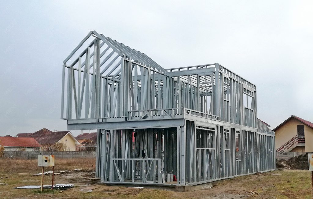 modern double storey house on metal frames