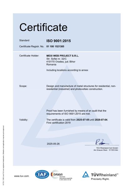 Certificate ISO 9001:2015 - MEXI STEEL FACTORY