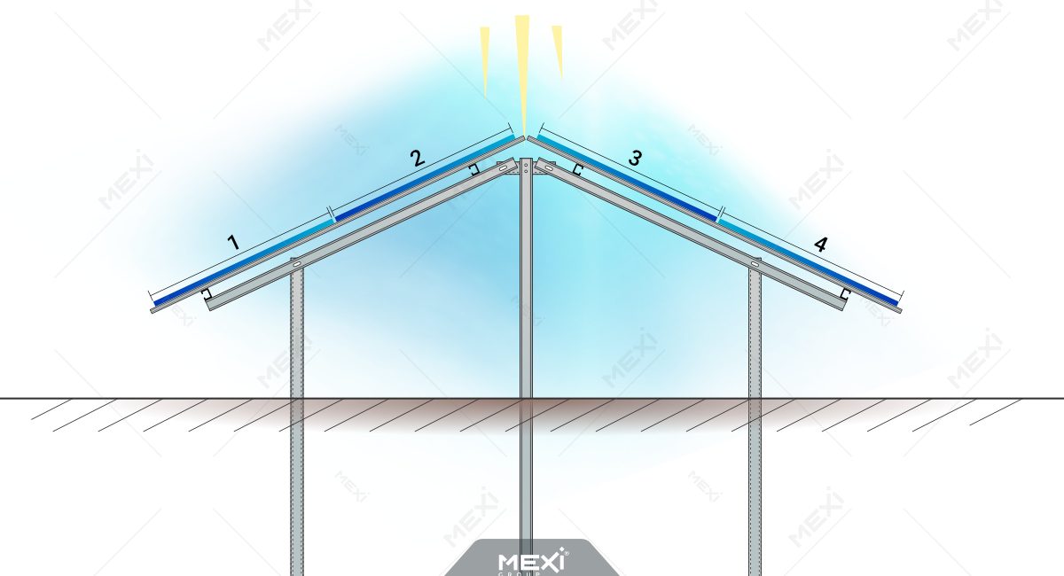 East-West oriented photovoltaic structure for solar farm